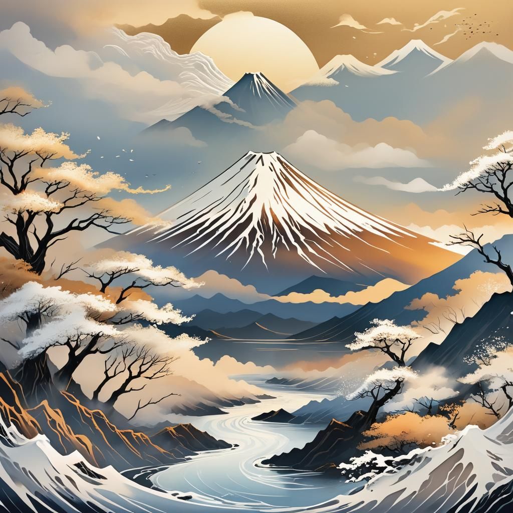 Dreamy Sunrise on Mount Fuji in Traditional Japanese Style