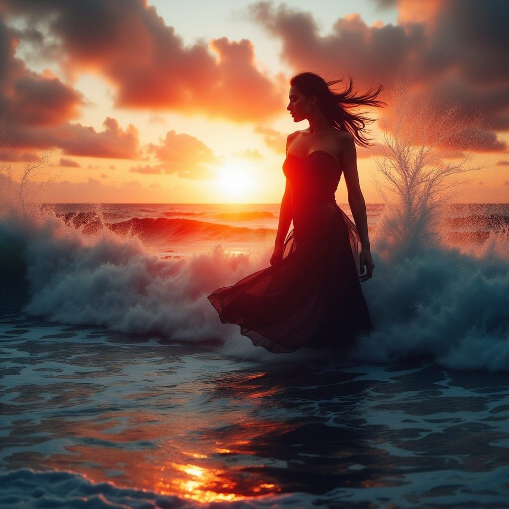 Woman Merged with Ocean Waves at Sunset