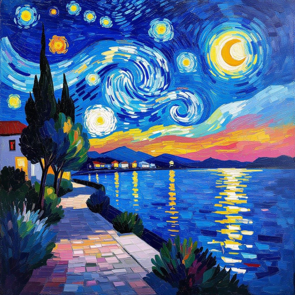 Impressionist Sunrise Over Starry Beach