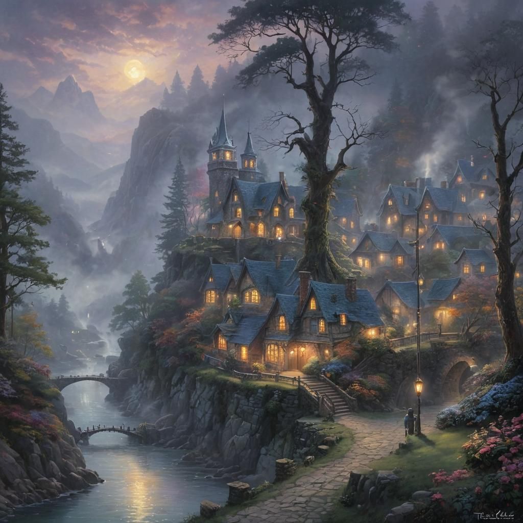 Ethereal Grimdark Fantasy Landscape in Mist