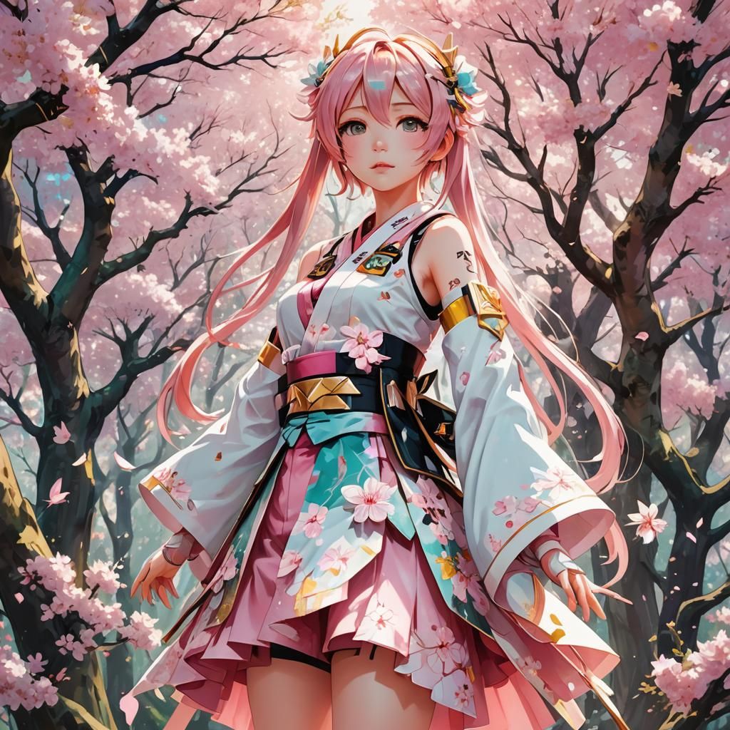 Sakura Miku in Cherry Blossom Forest: Anime Illustration