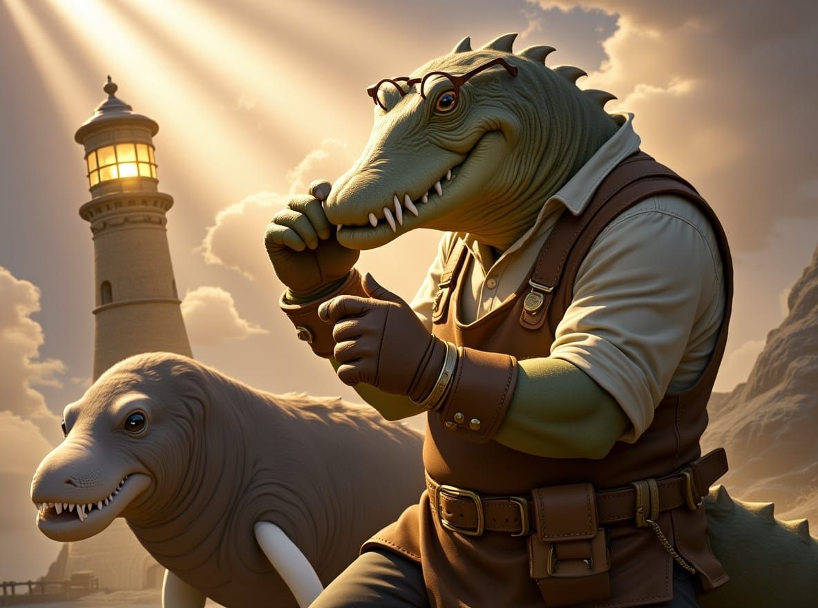 Steampunk Crocodile Mechanic Repairs Lighthouse in Sunlight