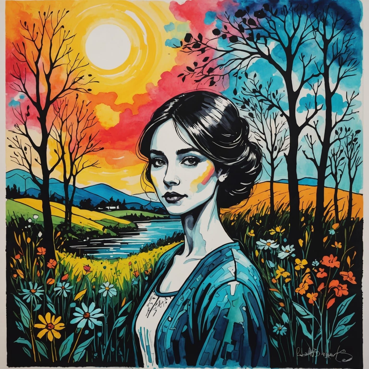 Radiant Impressionistic Landscape in Ink and Acrylic