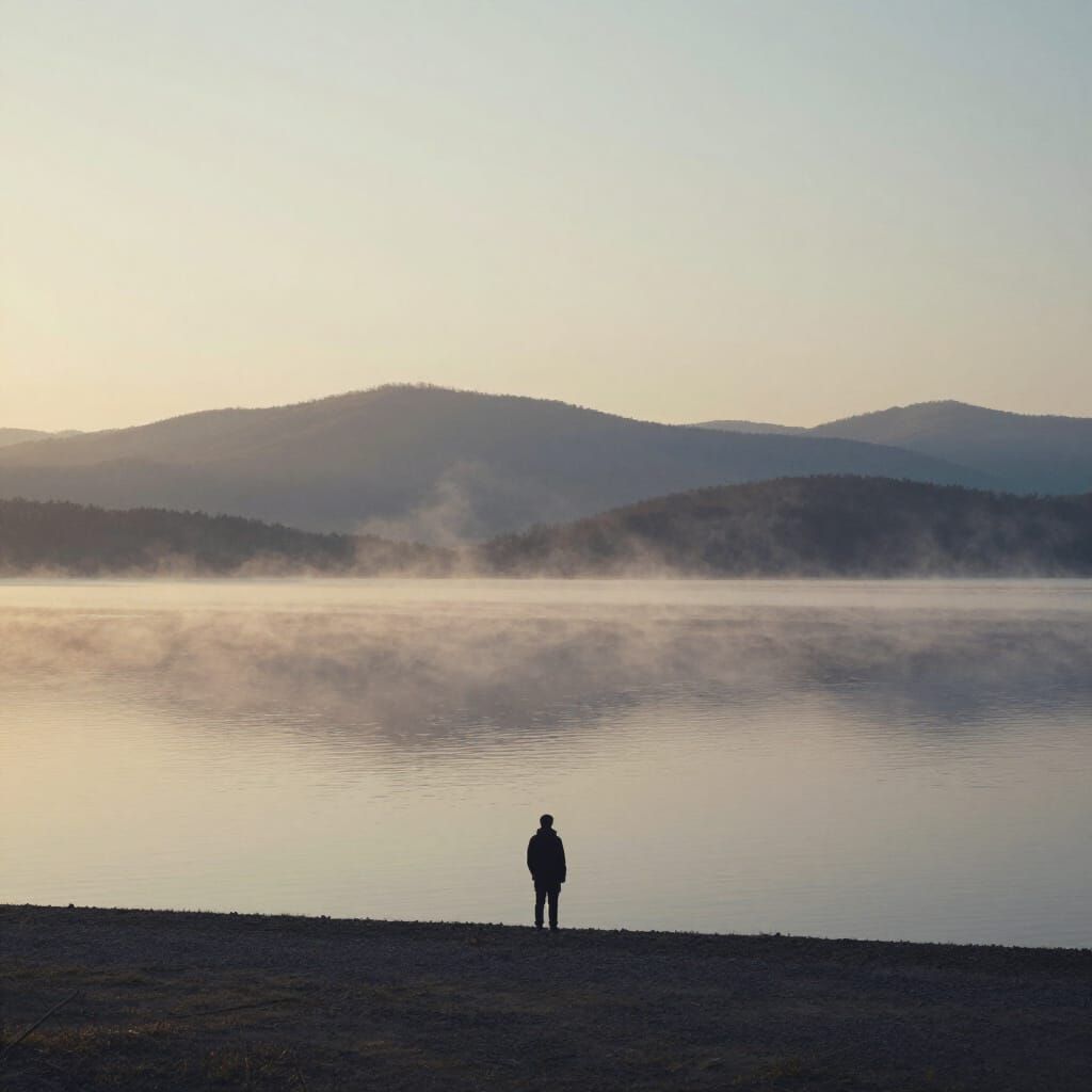 Solitary Figure at Dawn Lake Sunrise