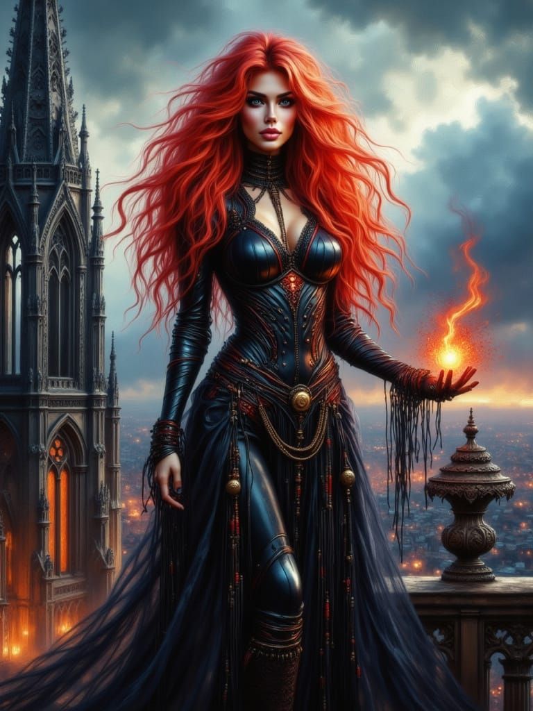 Auburn Woman on Cathedral in Dark Fantasy Style