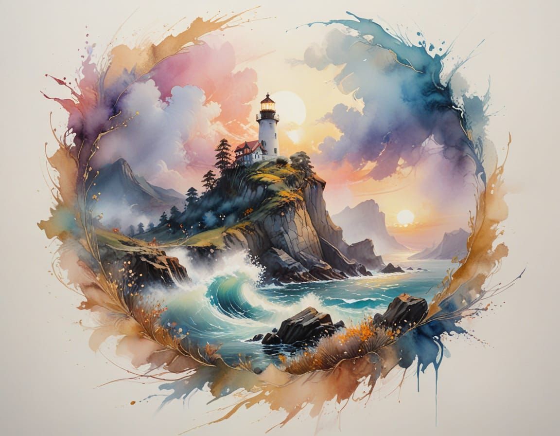 Lighthouse in Alcohol Ink Style with Sea Mist