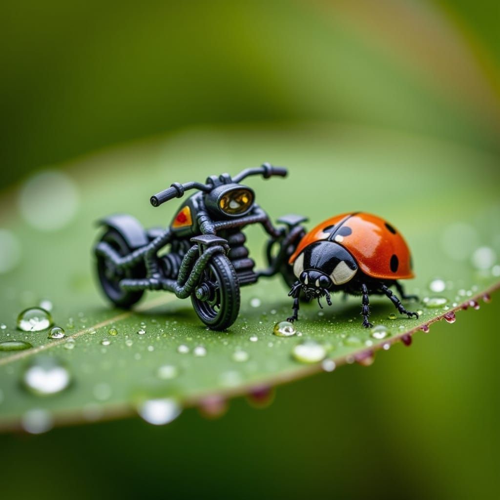 Miniature Motorbike and Ladybug Macro Photography