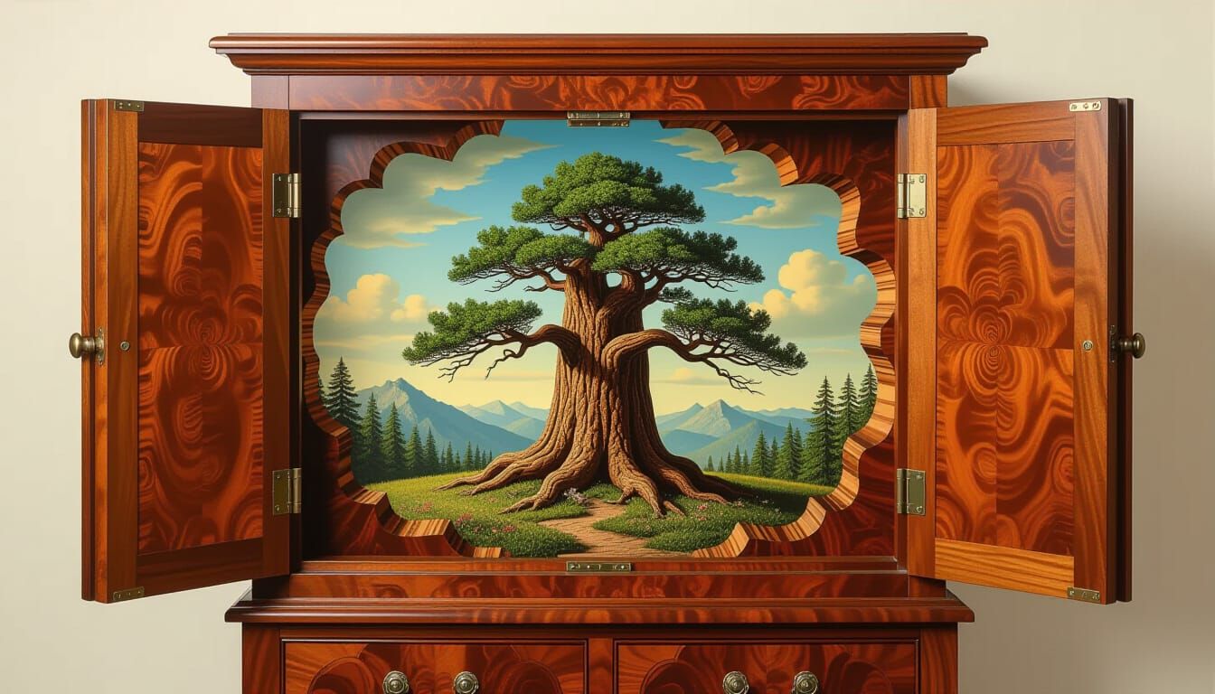 Redwood Tree in Burl Wood Cabinet: Surreal Mixed Media