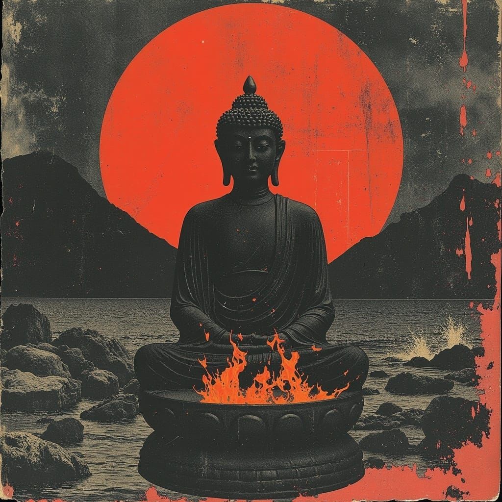 Abstract Postpunk Red Amitabha Buddha in Flames