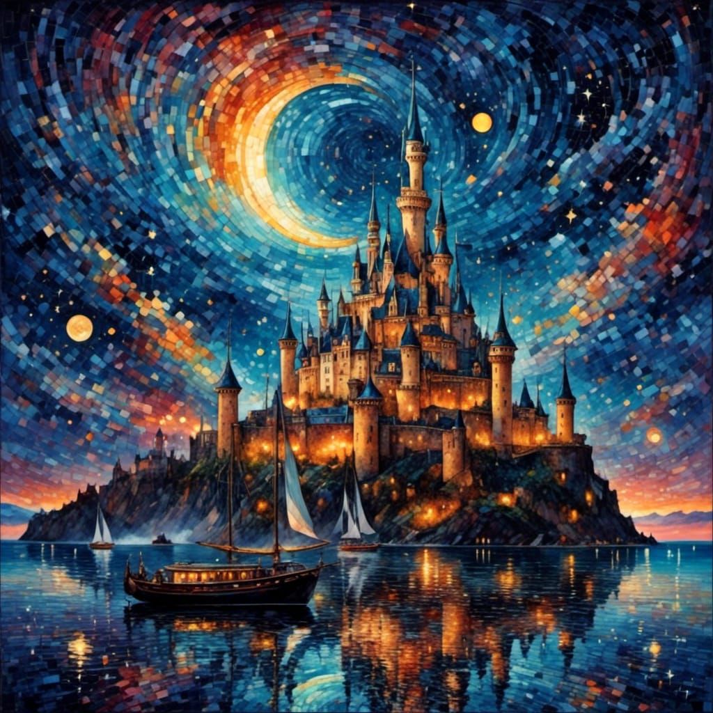 Psychedelic Mosaic Castle Under a Starry Galaxy