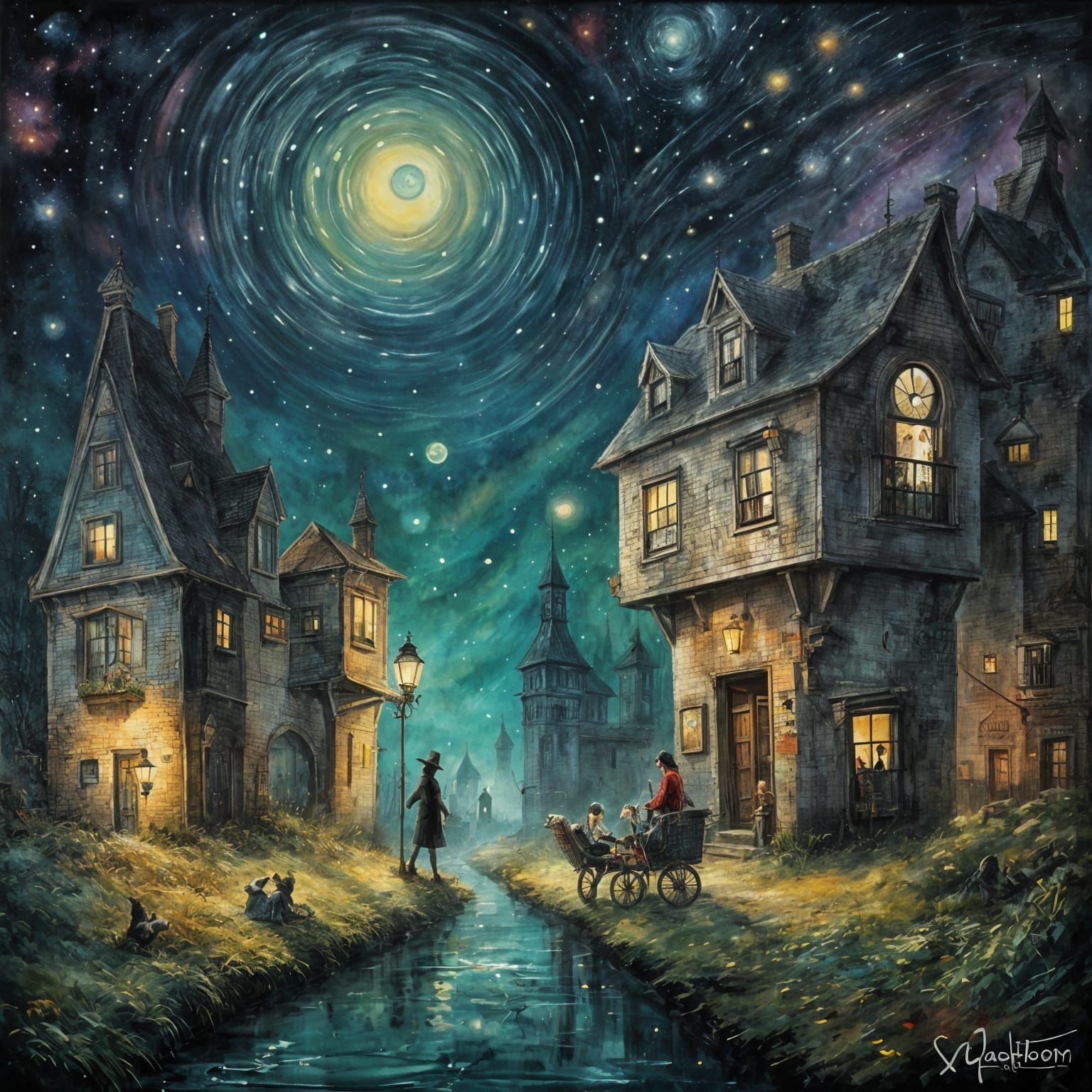 Cosmic Street Art Mural with Galaxy Silhouettes