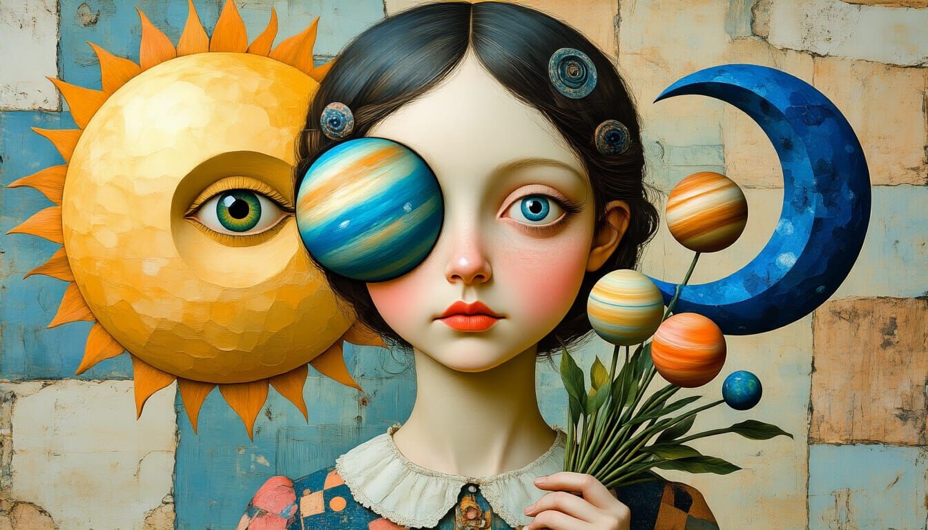 Celestial Portrait: Girl with Sun and Moon Eyes