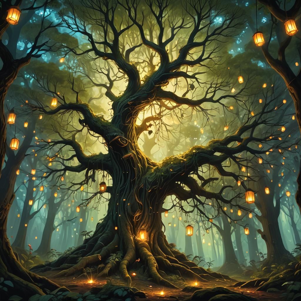 Mystical Tree in Forest with Fireflies: Fantasy Concept Art