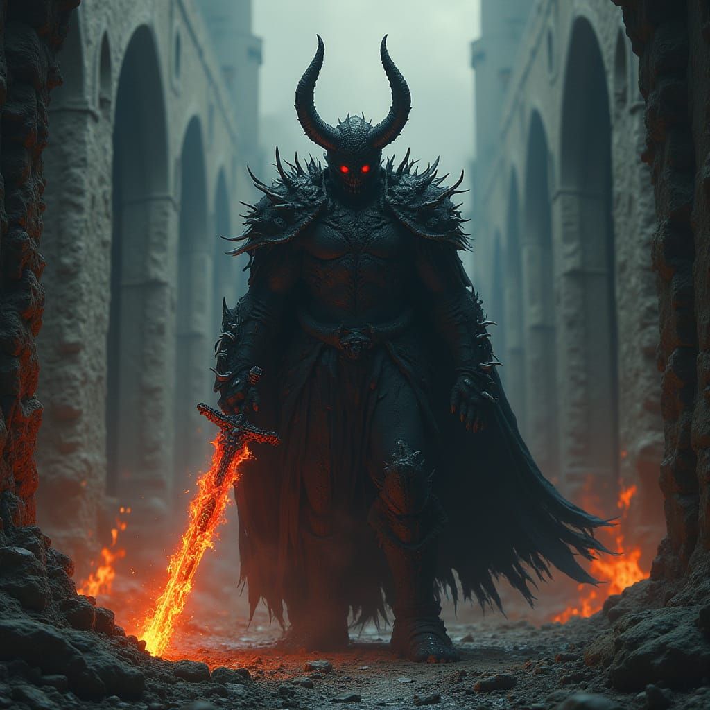 Dark Fantasy Final Boss with Flaming Sword