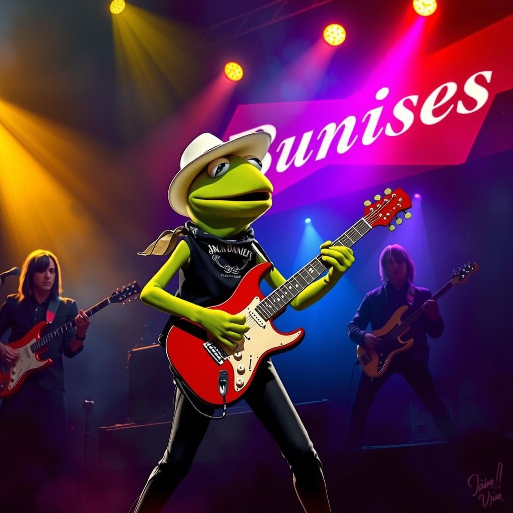 Kermit Frog Rocks Lead Guitar on Smoky Stage in Sharp Fedora...