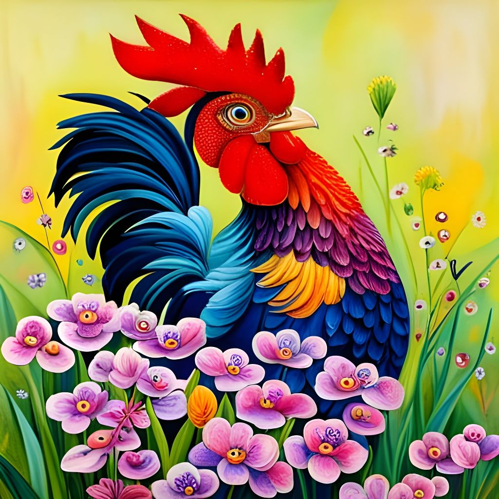Majestic Rooster in Cascading Spring Flowers