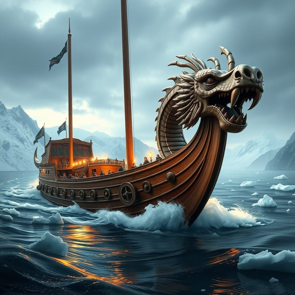 Viking Drakkar with Dragon Head in Icy Fjords