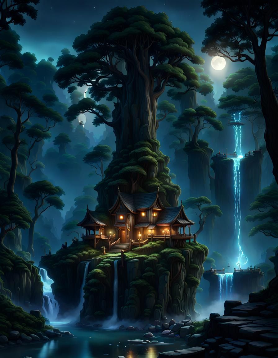 A beautiful forest setting, towering trees set against a rising moon, small platforms around the trees with lanterns for...
