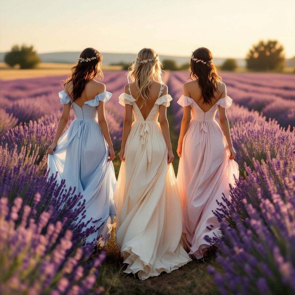 French Provincial Dresses in Lavender Field at Golden Hour