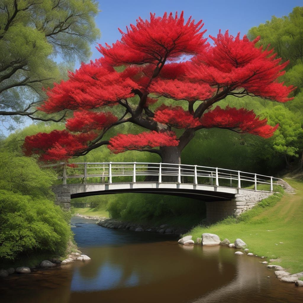 Tree Blooms with Vibrant Red Flowers Under a Serene Bridge