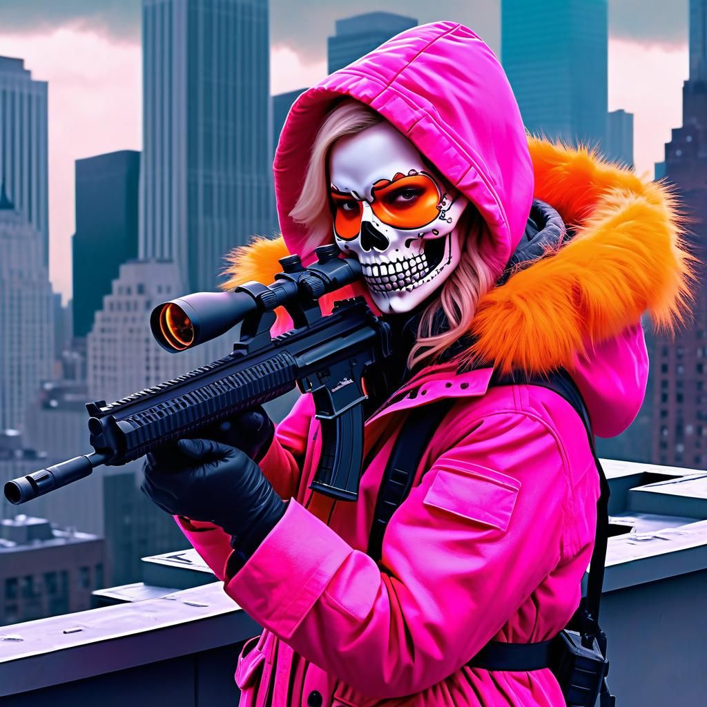 Assassin with Pink Mask on Rooftop: Digital Art
