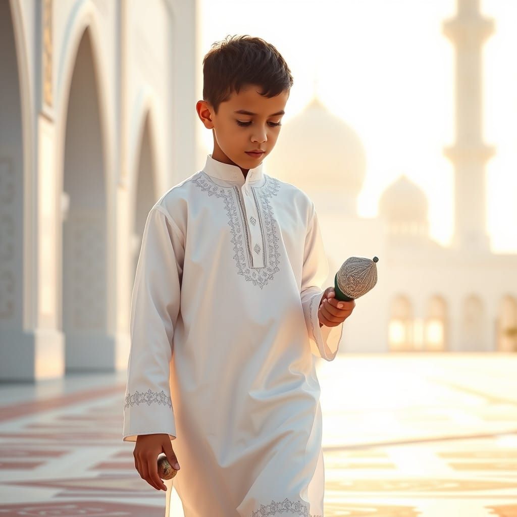 Boy Walks Towards Mosque with Calm Determination