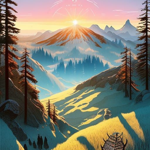 Magical Dawn on Alpine Prairie in Ink Painting Style