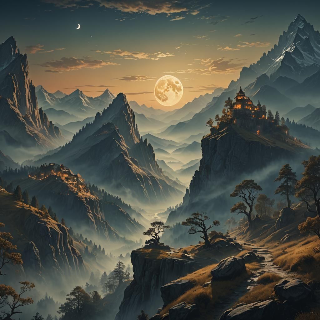 Mystical Mountains Under Moonlight: Painterly Style Landscap...