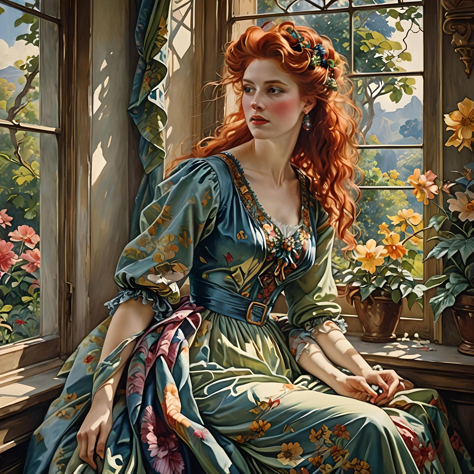 Beautiful Redhead by Window in Retro Watercolor Style