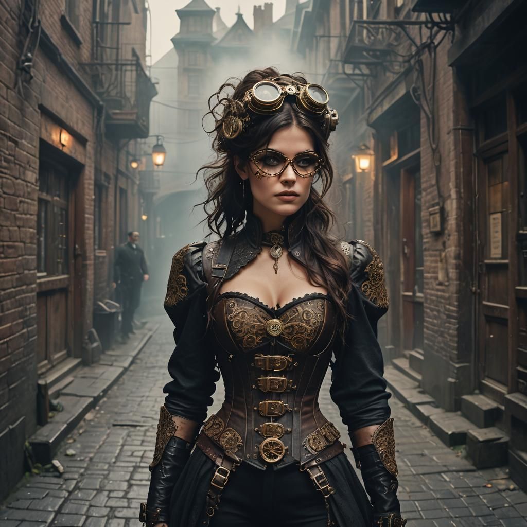 Steampunk Woman in Foggy Alleyway