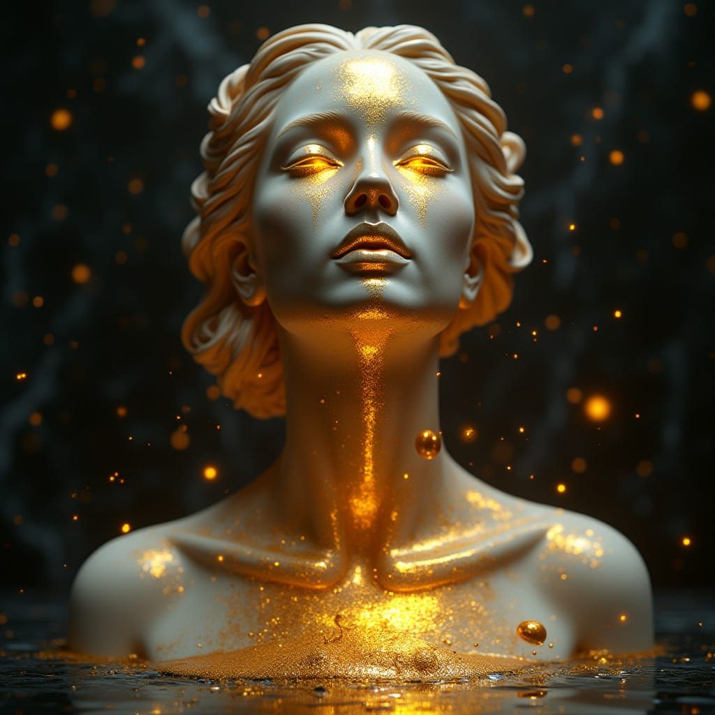 Gold Paint Dripping Over Marble Sculpture