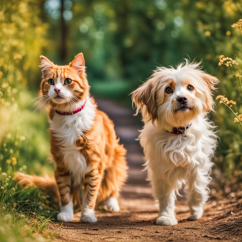 Cat and Dog's Joyful Outdoor Adventure in Park