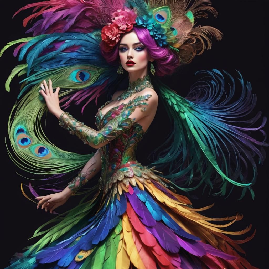 Woman with Peacock Feathers Hair in Stylized 3D Art
