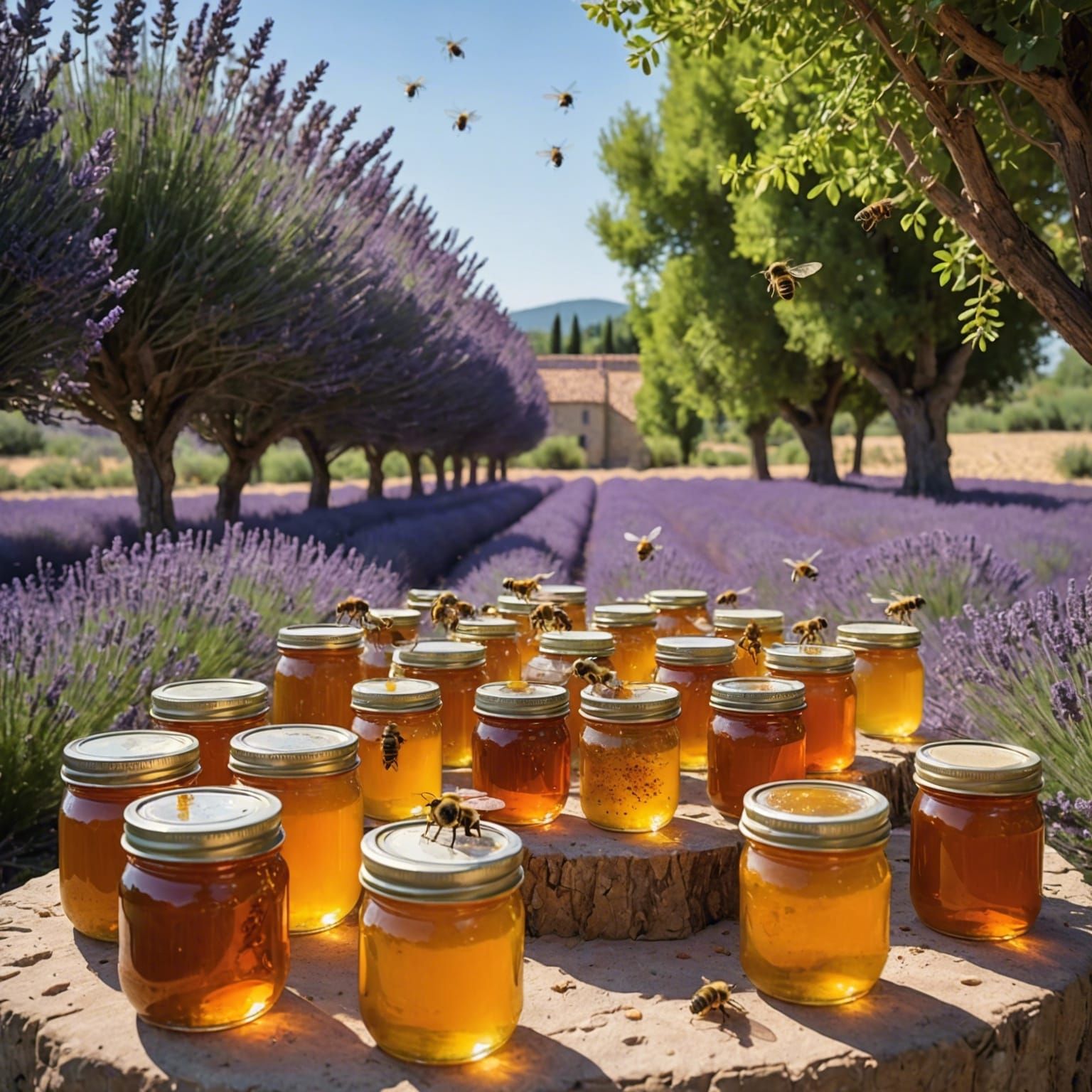 Bees and Fairies in Lavender Field with Honey Jars
