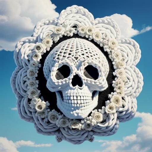 Rococo Crocheted Sugar Skull in Cloudy Sky