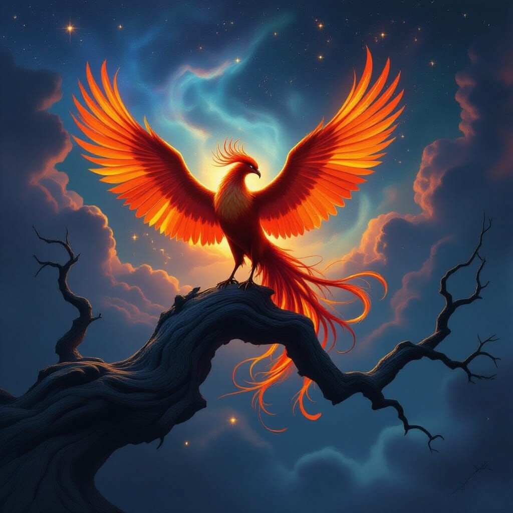 Majestic Phoenix on Ancient Branch Against Cosmic Nebula