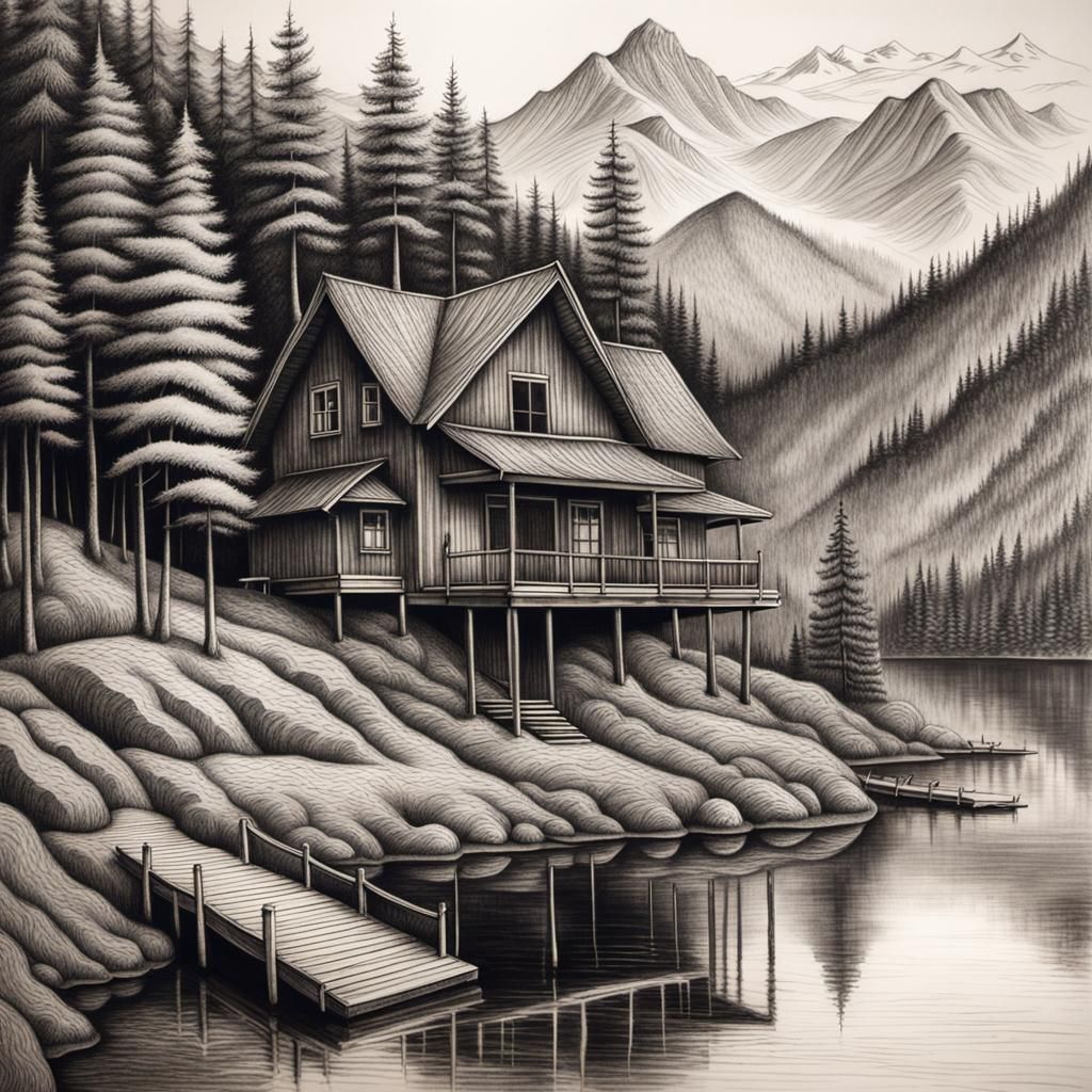 Mysterious Wooden House: Hyperdetailed Charcoal Drawing