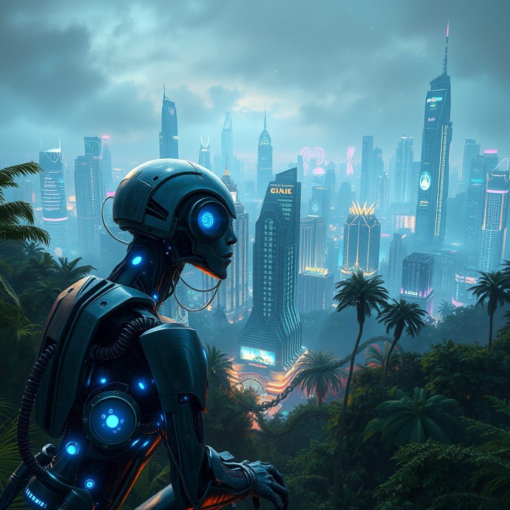 A Futuristic Being Observes a Lush Cityscape