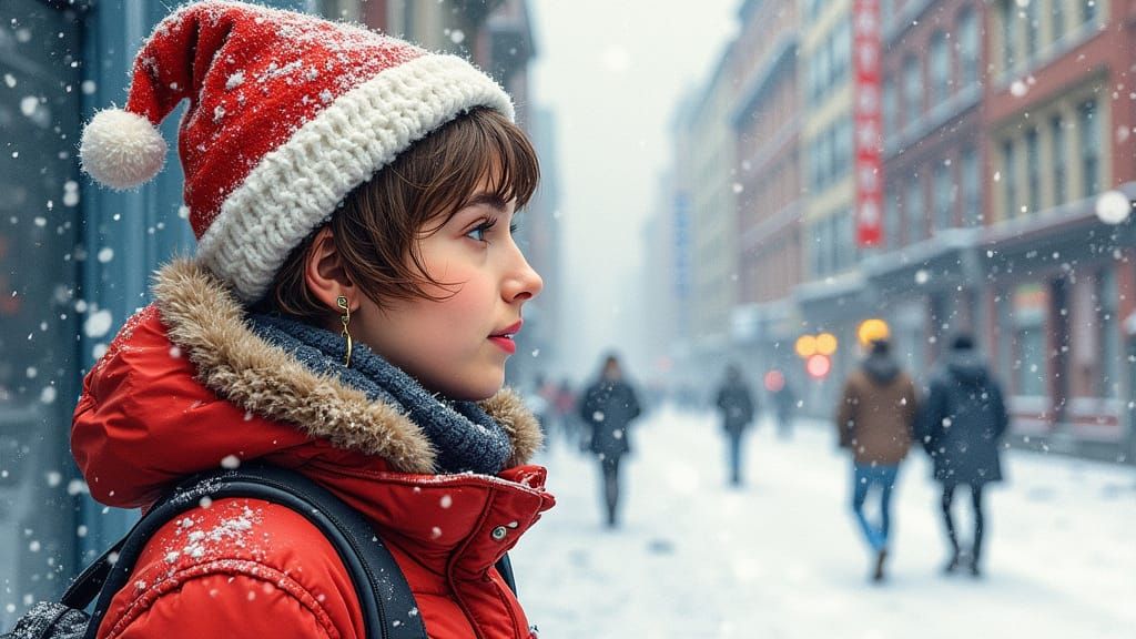 POV Christmas Portrait in Snowy Cityscape