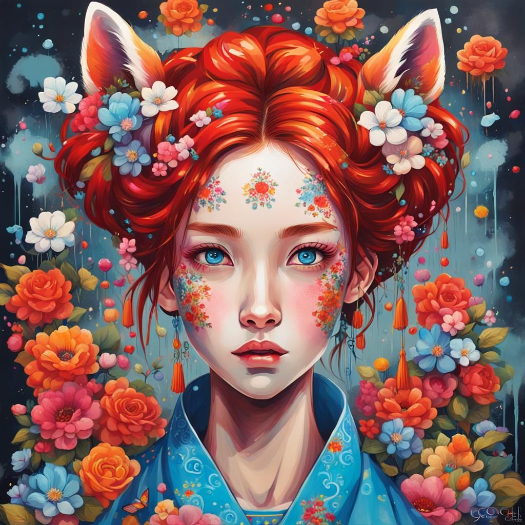 Colorful Graffiti Art: Red-Haired Girl in Hanbok