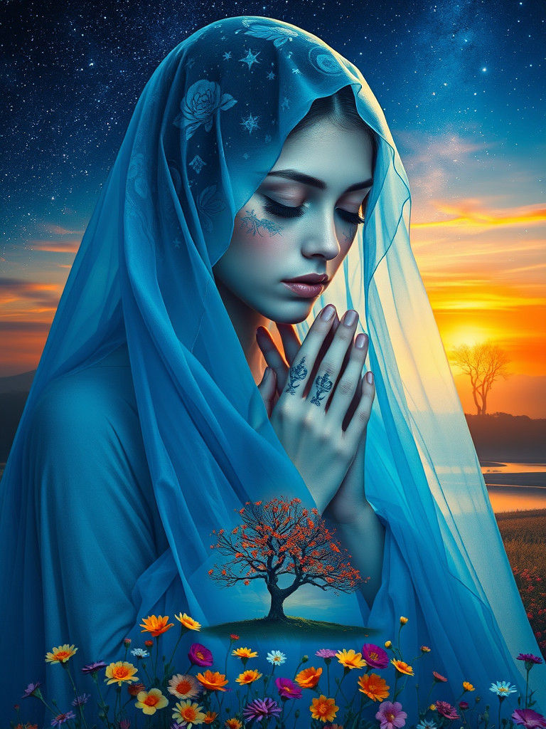Ethereal Woman in Dreamlike Meadow at Sunset