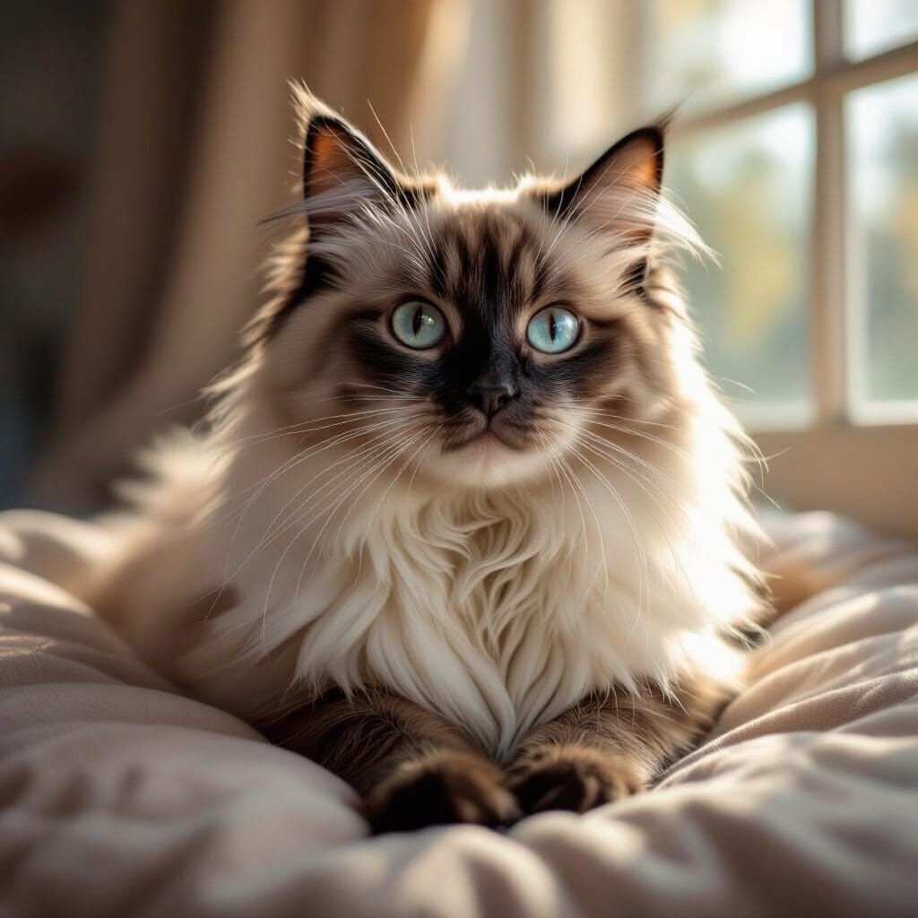 Ragdoll Cat Portrait in Natural Light, Matte Painting Style