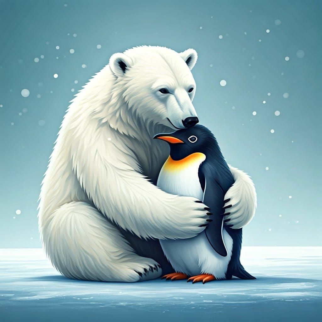Polar Bear and Penguin Share a Tender Moment in Whimsical Wi...