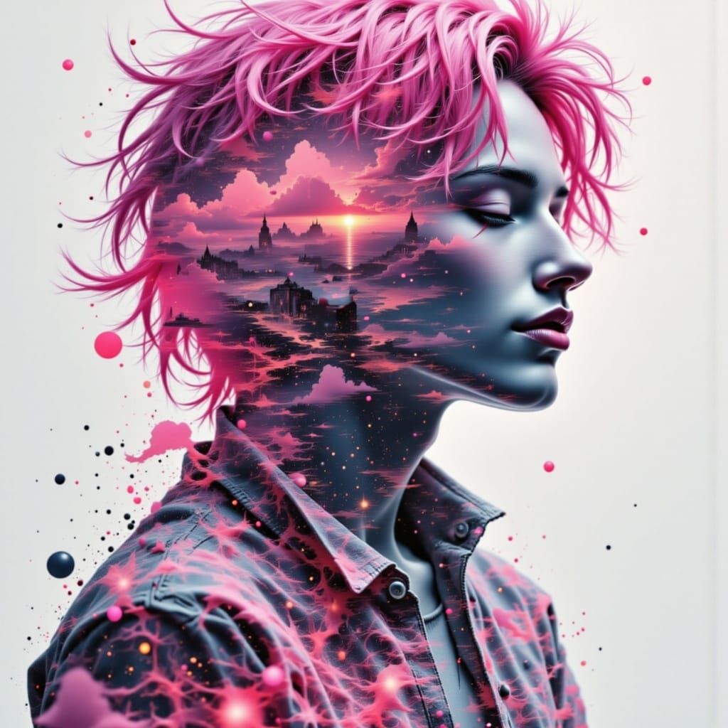 Digital Portrait of Woman with Pink Hair and Glitchy Landsca...