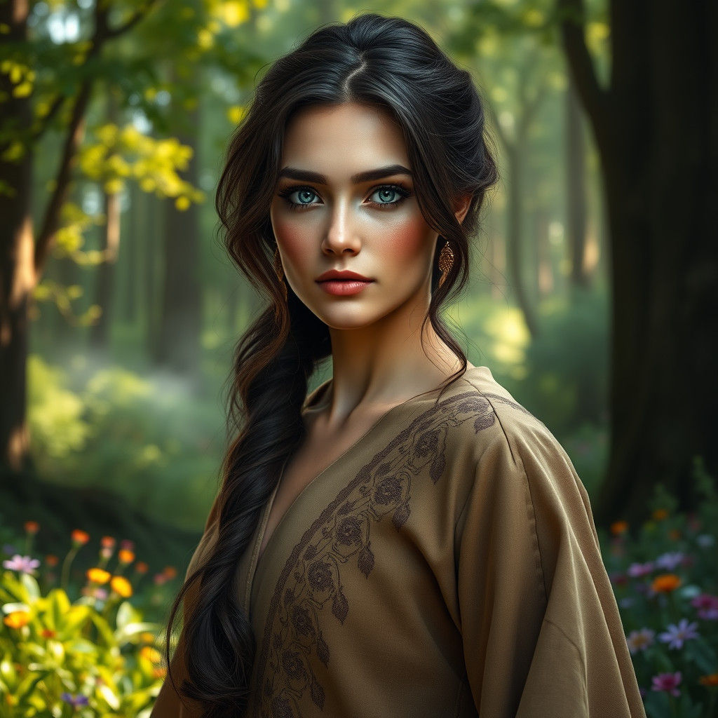 Enigmatic Woman in Emerald Forest, Hyperrealistic Art