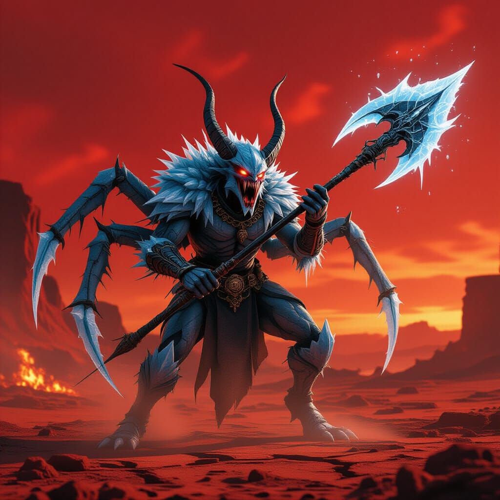 Ice Devil Gelugon Casts Spell With Glaive in Fiery Wasteland