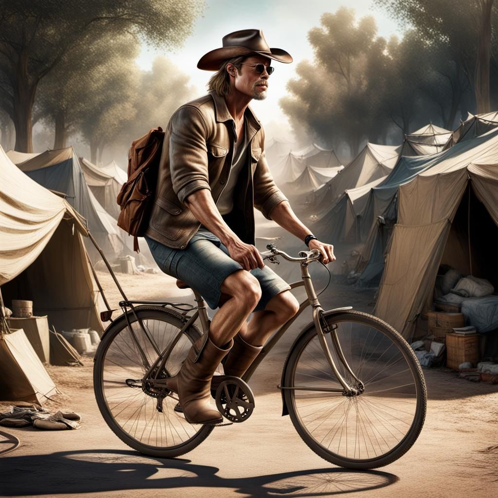 Man on Bicycle in Homeless Camp: 3D Illustration