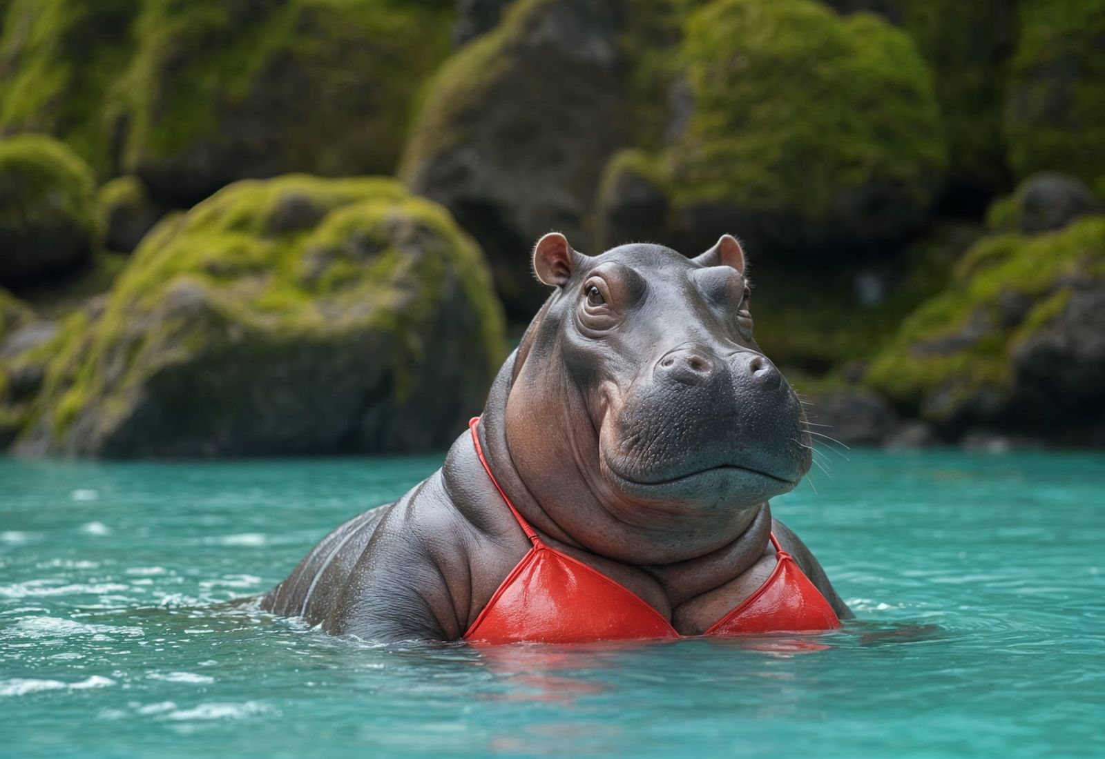 Hippopotamus in Bikini at Blue Lagoon, Photorealistic Render...