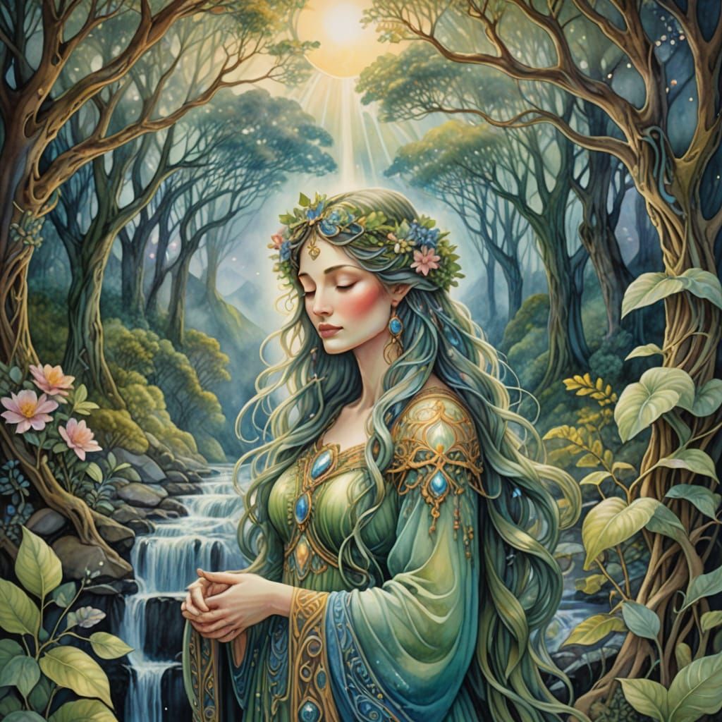 Mother Earth Goddess in Watercolor with Art Nouveau Elegance