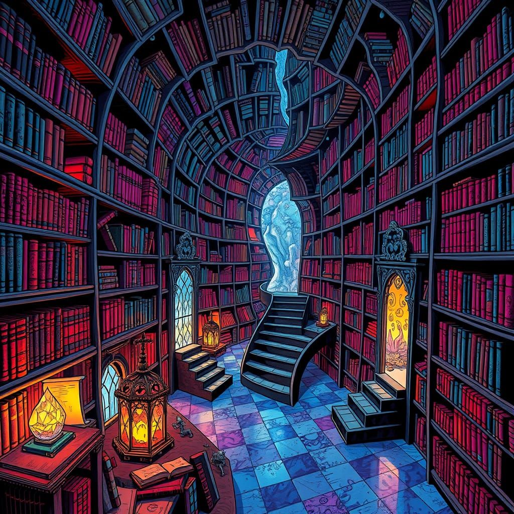 Surreal Library of Twisted Tomes in Escherian Style